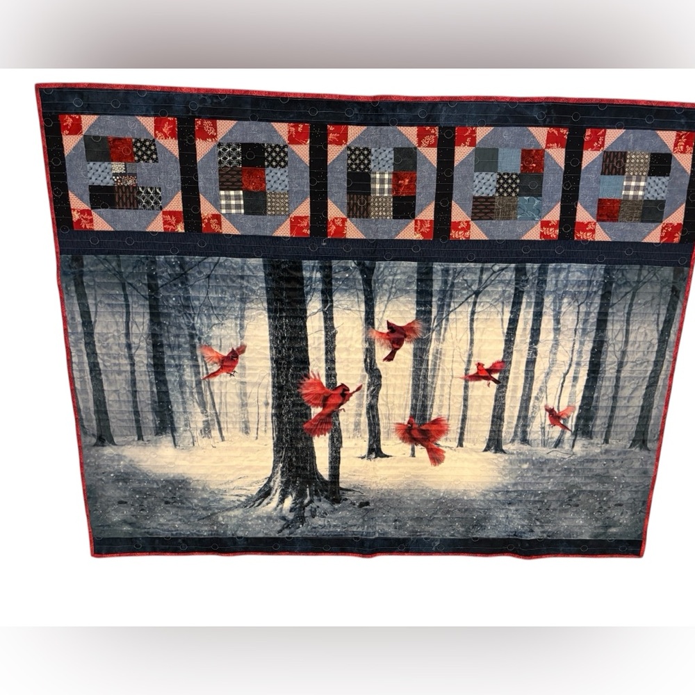 Handmade Quilted Patchwork Throw W/ Cardinals In the Woods Trees Navy Red 52x44”
